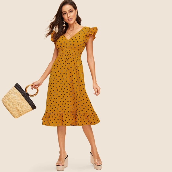 

80s Double V Shirred Waist Ruffle Hem Dress, Yellow