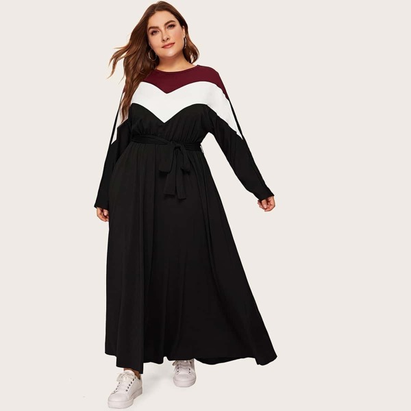 

Plus Color Block Chevron Belted Jersey Dress