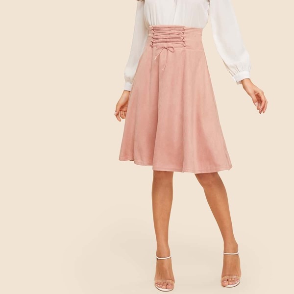 

Lace Up Wide Waist Skirt, Pink