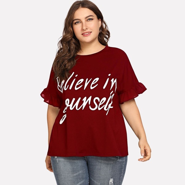 

Plus Flounce Sleeve Slogan Print Top