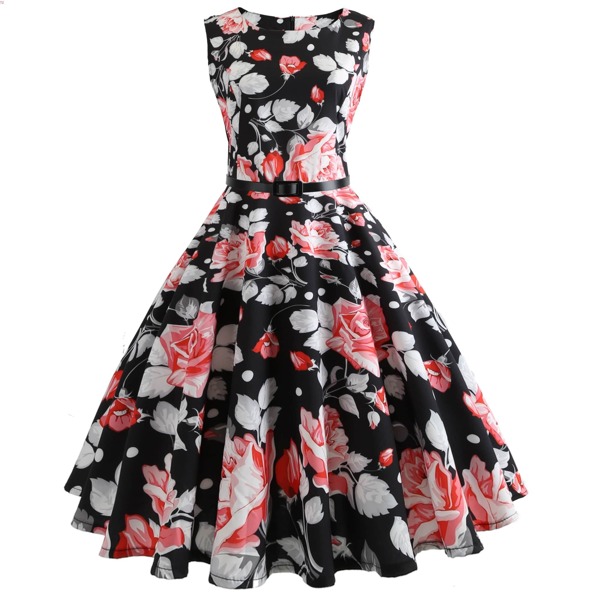 

50s Floral Print Zipper Belted Dress