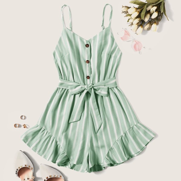 

Plus Ruffle Hem Striped Cami Romper