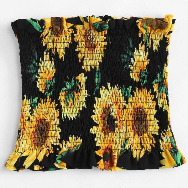 

Plus Floral Print Lettuce Frill Shirred Tube Top, Multicolor