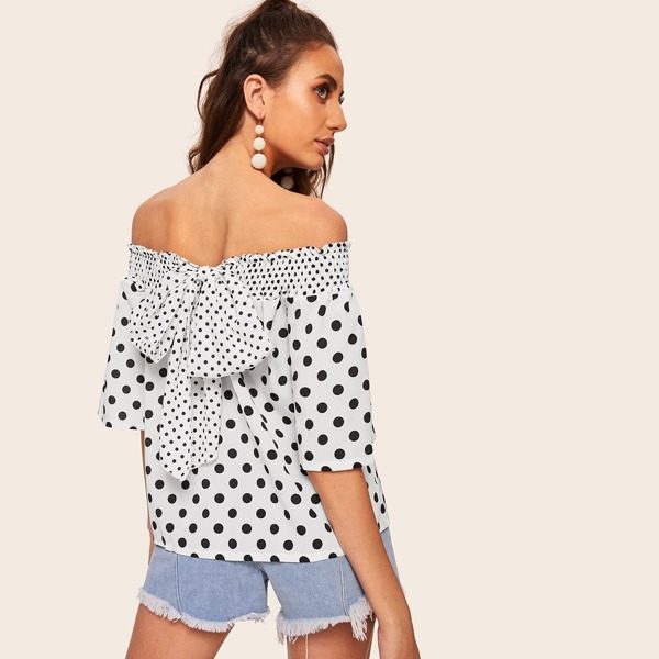 

Polka Dot Tie Back Shirred Top