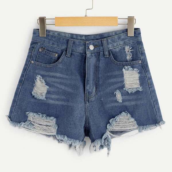

Ripped Raw Hem Denim Shorts, Blue