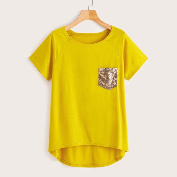 

Contrast Sequin Pocket Dip Hem Tee