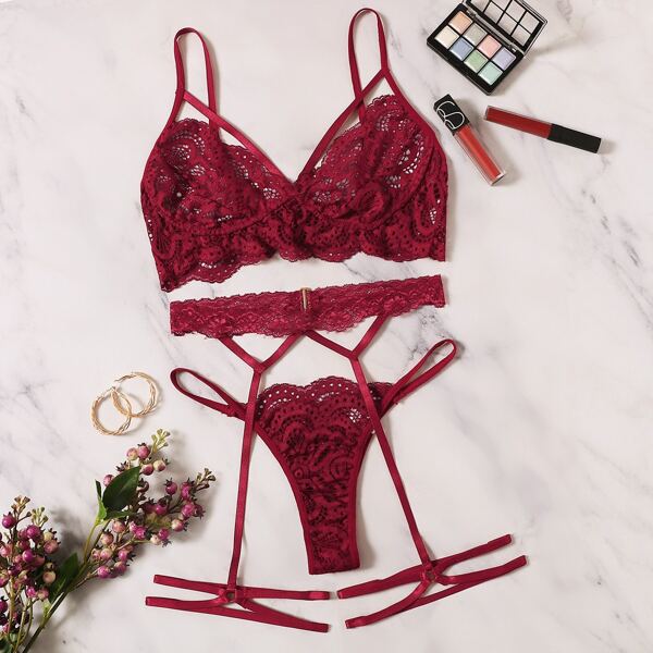 

Harness Lace Garter Lingerie Set, Burgundy