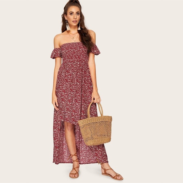 

Ditsy Floral Off The Shoulder Dip Hem Dress, Multicolor