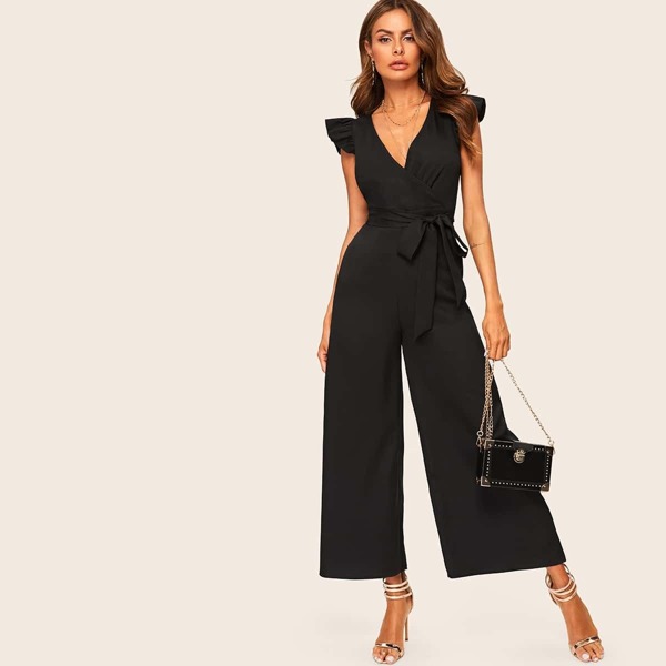 

Surplice Wrap Belted Wide Leg Jumpsuit, Black