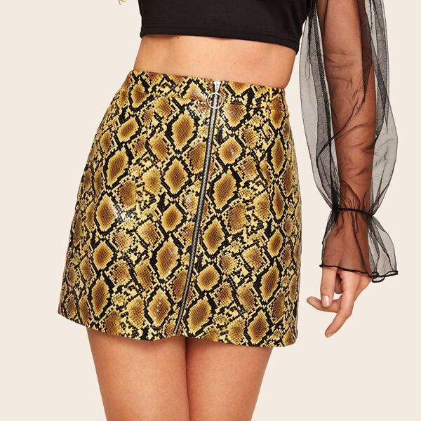 

O-zip Front Faux Leather Snakeskin Skirt