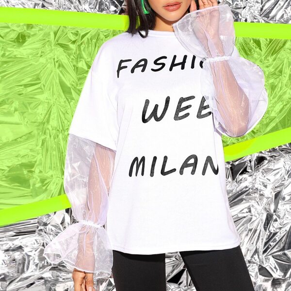 

Organza Insert Flounce Sleeve Letter Pullover