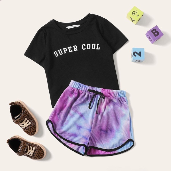 

Girls Slogan Graphic Tee & Tie Dye Drawstring Waist Shorts Set, Multicolor