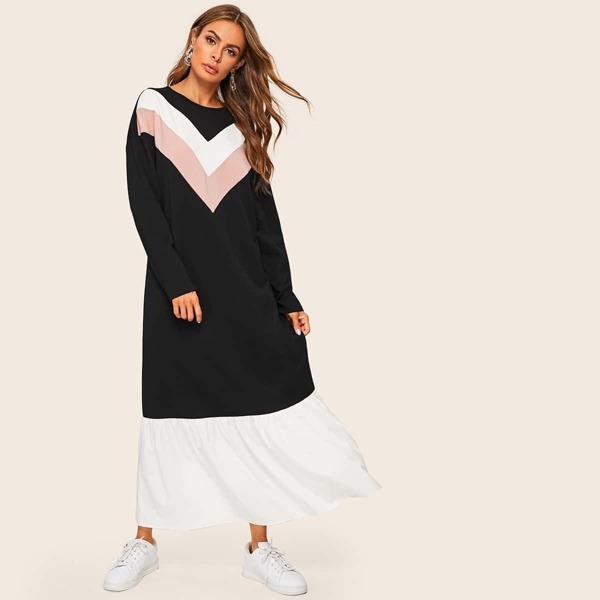 

Drop Shoulder Flounce Hem Chevron Hijab Dress