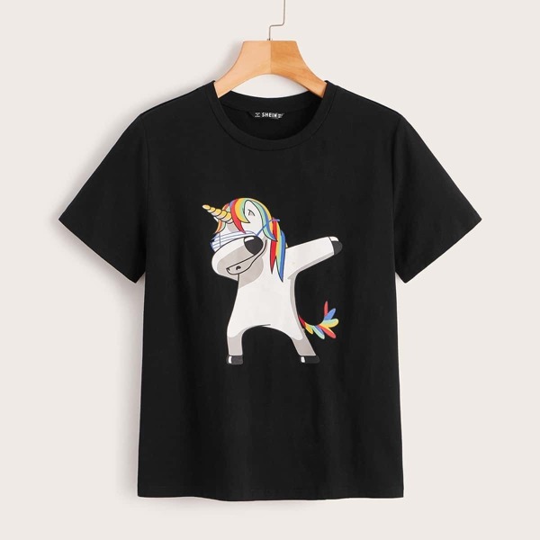 

Cartoon Unicorn Graphic Tee, Black
