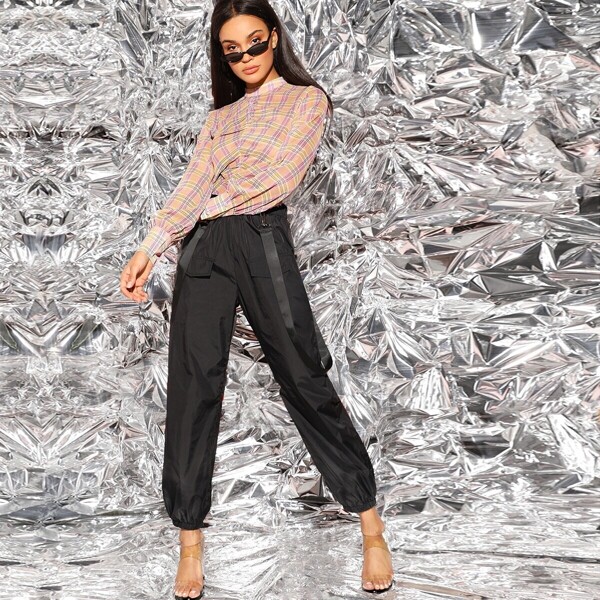 

Ruched Front Plaid Top