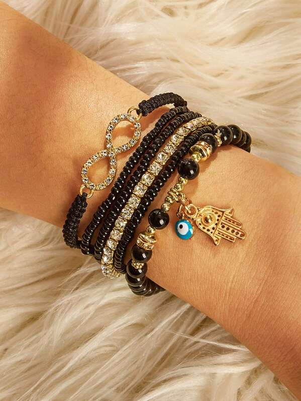 

Hand & Infinity Beaded Bracelet Set 6pcs, Black