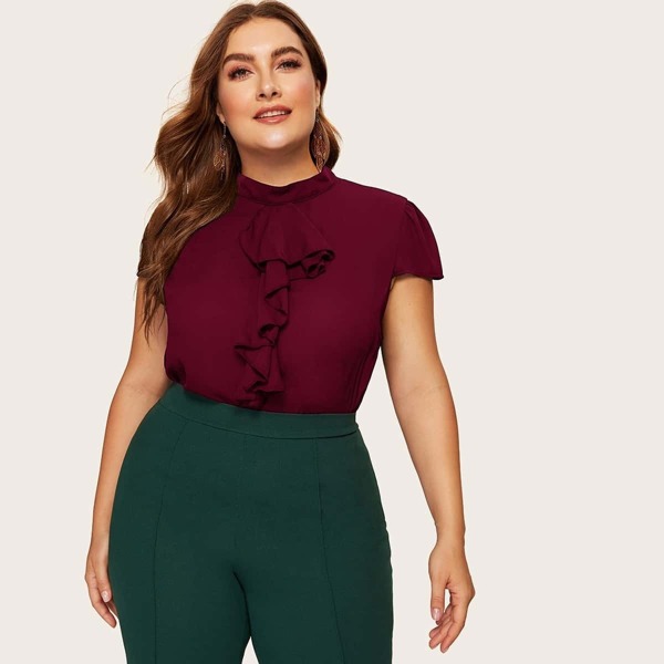 

Plus Mock-neck Jabot Collar Solid Top