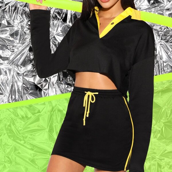 

Contrast Collar Crop Top & Drawstring Waist Skirt Set, Black