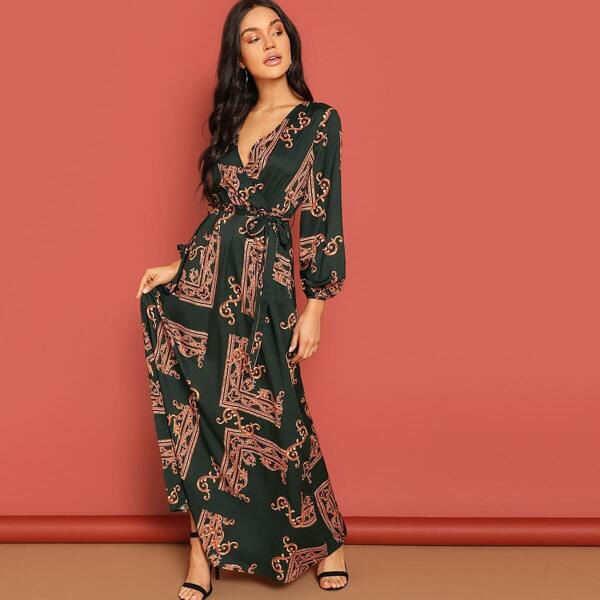 

Surplice Wrap Belted Scarf Print Dress, Green