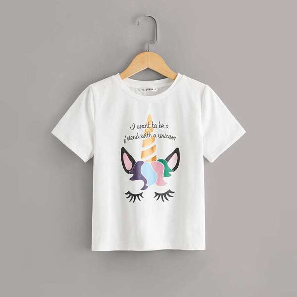 

Girls Unicorn & Slogan Print Tee