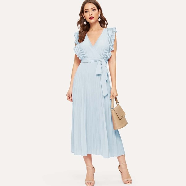 

Surplice Neck Ruffle Armhole Pleated Belted Dress
