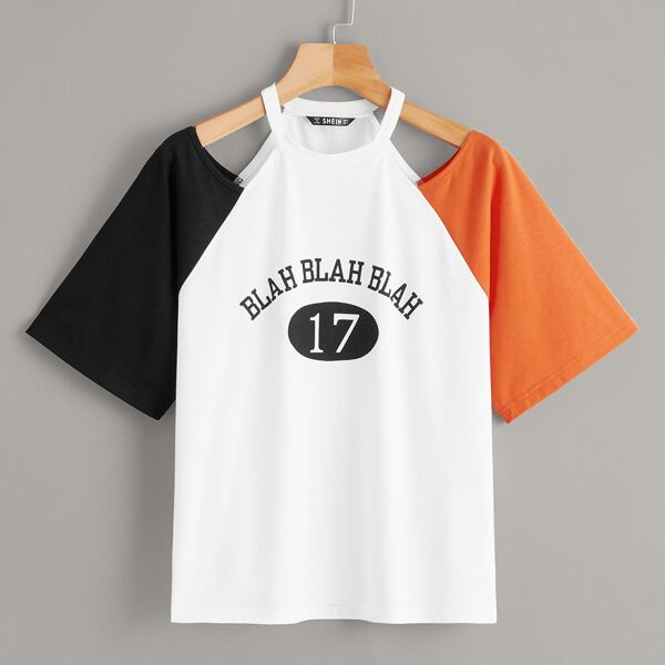 

Cut Out Shoulder Letter Graphic Colorblock Tee, Multicolor