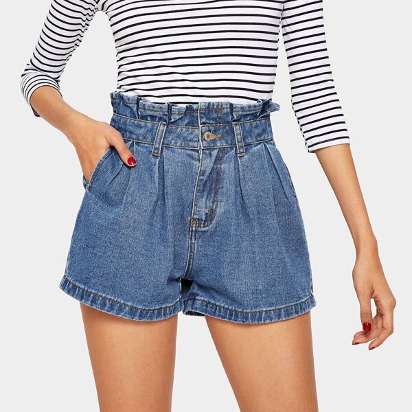 

Ruffle Waist Slant Pocket Denim Shorts