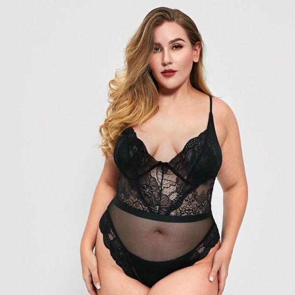 

Plus Floral Lace Teddy Bodysuit, Black