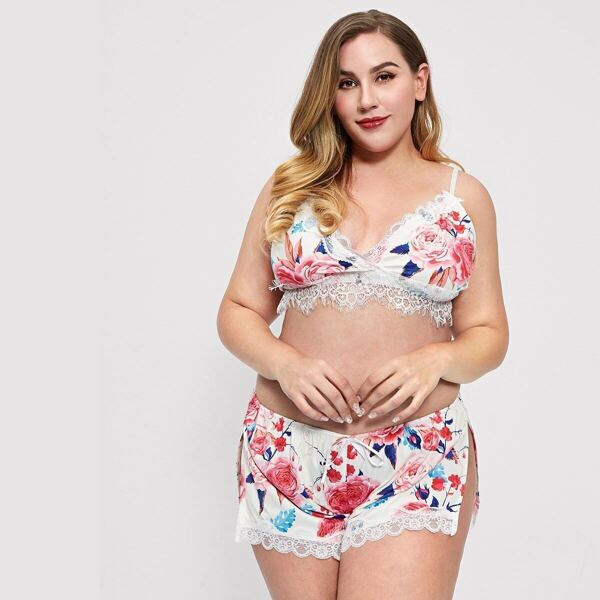 

Plus Lace Trim Floral Lingerie Set, Multicolor
