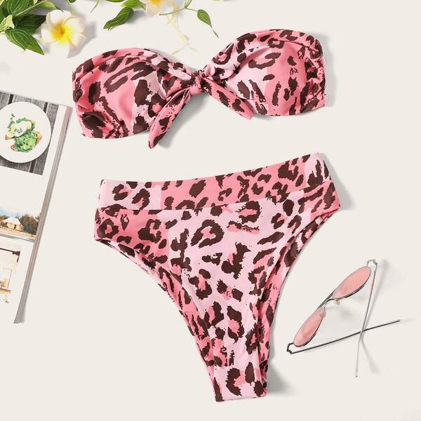 

Leopard Tie Front Bandeau High Waist Bikini Set