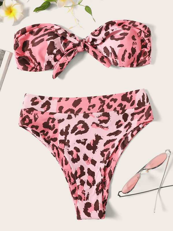 

Leopard Tie Front Bandeau High Waist Bikini Set, Pink