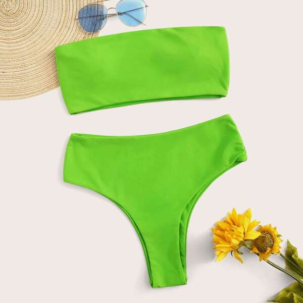 

Neon Lime Bandeau With High Waist Bikini Set
