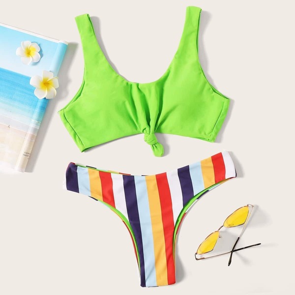 

Neon Lime Knot Front Top With Striped Bikini Set
