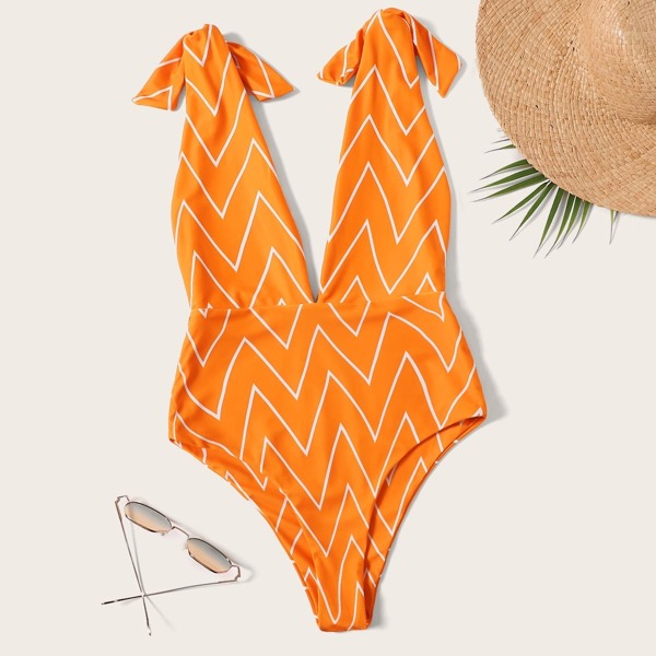

Chevron Self Tie V-Plunge One Piece Swimsuit