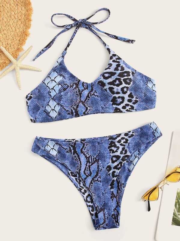 

Snake Print Halter Top With Panty Bikini, Multicolor