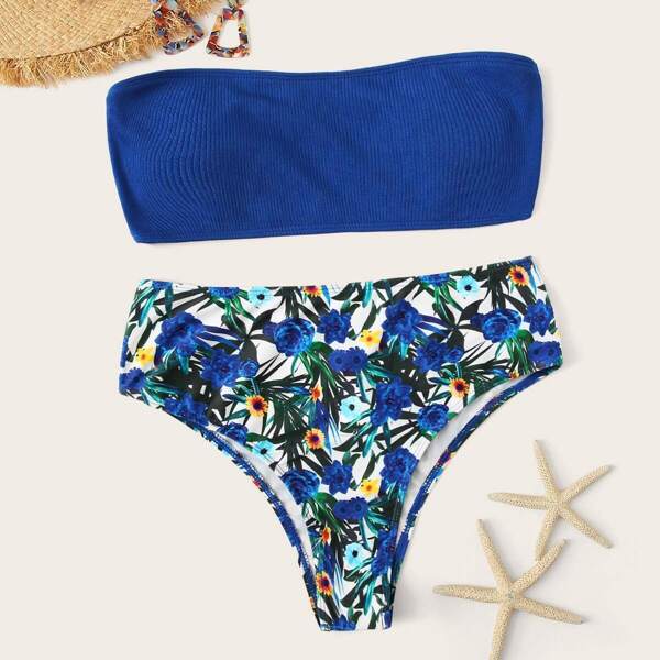 

Bandeau With Random Floral High Waist Bikini