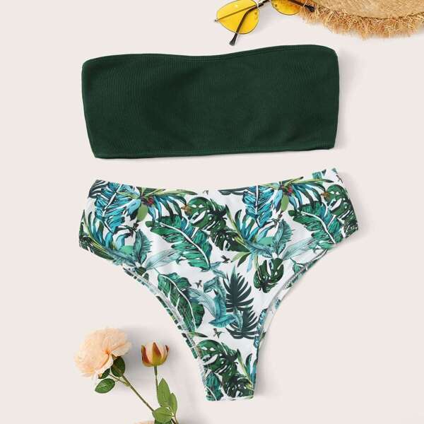 

Bandeau With Random Tropical High Waist Bikini