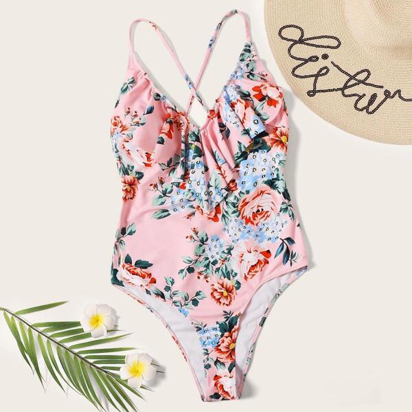 

Random Floral Ruffle Crisscross One Piece Swimwear