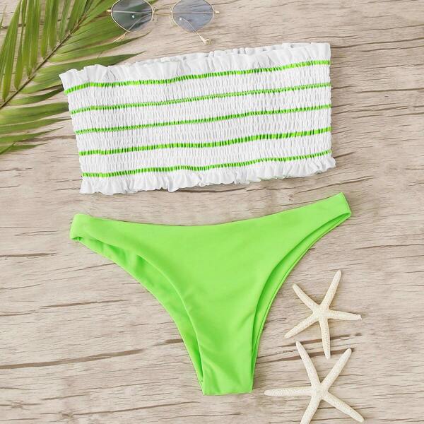 

Striped Shirred Bandeau With Neon Lime Hipster Bikini