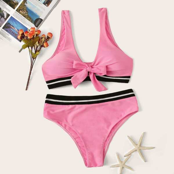 

Knot Front Striped Tape Top With High Waist Bikini, Pink
