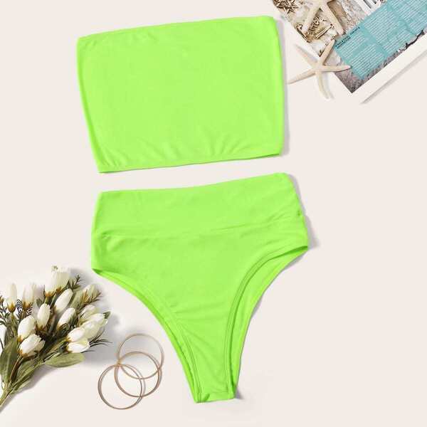 

Neon Lime Bandeau With High Waist Bikini Set