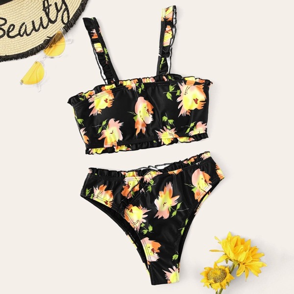 

Floral Frill Trim Bikini Set, Black
