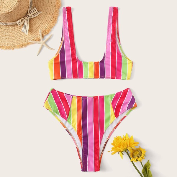 

Striped U-Plunge Neck With High Leg Bikini Set