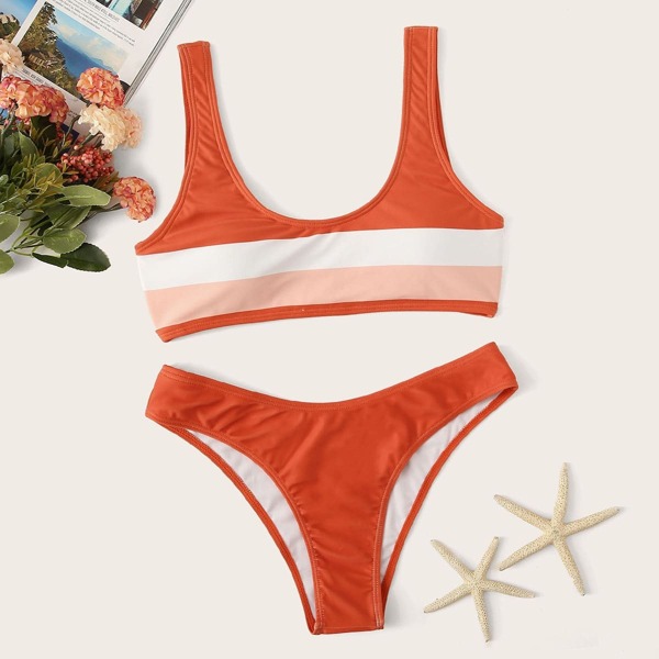 

Striped Scoop Neck Top With Panty Bikini Set, Orange