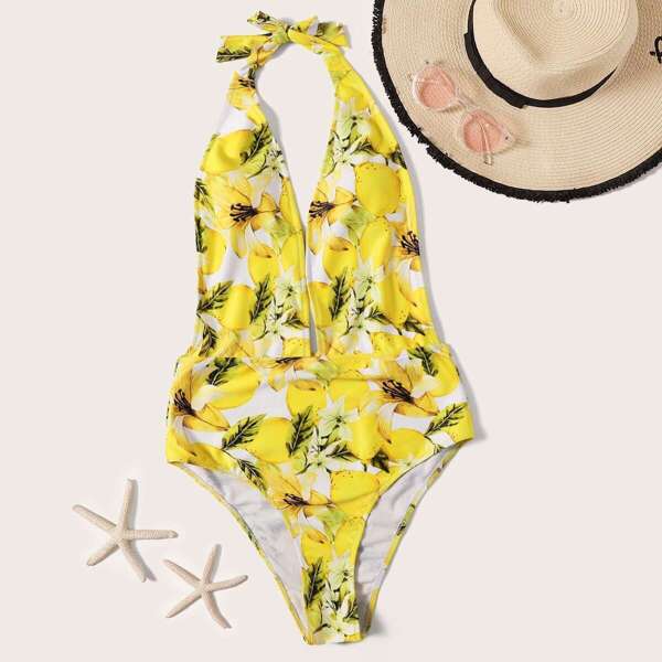 

Random Lemon Print V-plunge Halter One Piece Swim