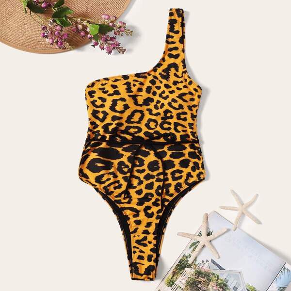 

Leopard Tie Waist One Shoulder One Piece Swimsuit