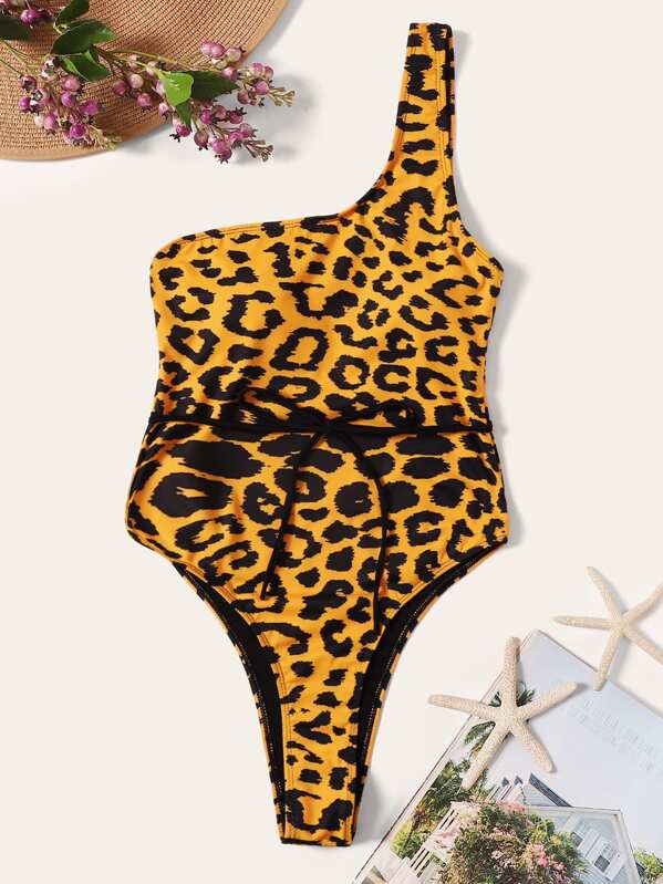 

Leopard Tie Waist One Shoulder One Piece Swimsuit, Multicolor