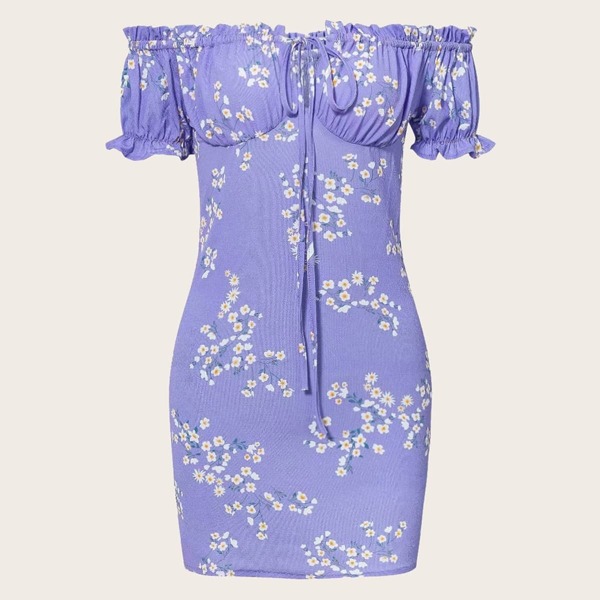 Off-shoulder Ditsy Floral Shirred Dress