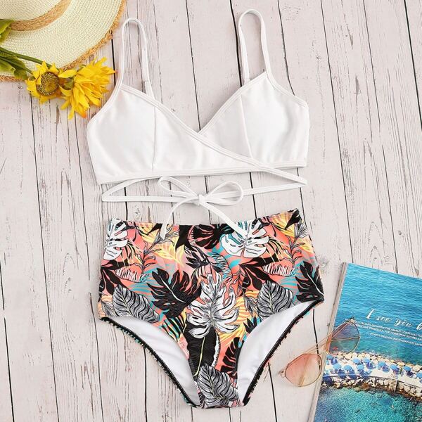 

Cross Wrap Knot Back Top With Tropical Bikini Set