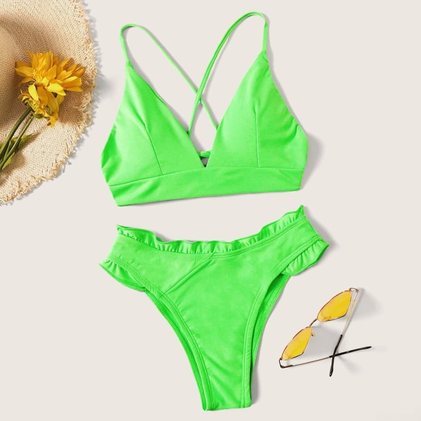 

Neon Lime Lace-Up Top With Lettuce Trim Bikini Set, Green bright